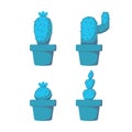 Set cactus plant with flower on pot vector object element decoration for illustration project in blue scheme shading color