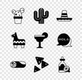 Set Cactus or succulent in pot, Mexican sombrero, Burrito, Nachos, Tequila bottle with lemon, Pinata and Margarita