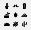 Set Cactus or succulent in pot, Mustache, Burrito, Taco with tortilla, Hot chili pepper pod, Nachos bowl and Sun icon