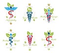 Set of Caduceus vector conceptual emblems created with snakes an