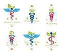 Set of Caduceus vector conceptual emblems created with snakes and green leaves. Wellness and harmony metaphor. Alternative