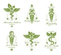 Set of Caduceus vector conceptual emblems created with snakes an