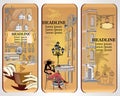 Set of cafe banners, decorated with the old town views and a fashion girl with a cup of coffee