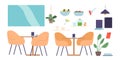 Set Of Cafe Furniture And Items Isolated Icons. Window, Potted Plants, Furniture, Tables And Chairs. Lamp, Bowl