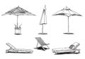 Set of caise lognue chairs  and umbrellas, pool and beach  furniture vector line drawing Royalty Free Stock Photo