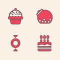 Set Cake with burning candles, Cupcake, Glass jar candies inside and Candy icon. Vector Royalty Free Stock Photo