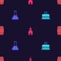 Set Cake with burning candles, Test tube flask, Church building and Wooden barrel on seamless pattern. Vector Royalty Free Stock Photo