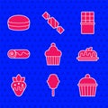 Set Cake, Cotton candy, Strawberry in chocolate, Chocolate roll cake, bar and Macaron cookie icon. Vector Royalty Free Stock Photo