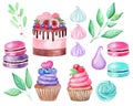 Set cake, cupcake, macaroons, marshmallows, branches watercolor illustration on white background. Hand drawn Royalty Free Stock Photo