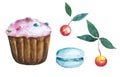 Set of cake muffin, macaroon and cherry isolated on white background. Hand drawn watercolor illustration. Royalty Free Stock Photo