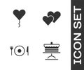 Set Cake on plate, Balloon in form of heart, Plate, fork and knife and Heart icon. Vector