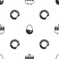 Set Cake on plate, Chocolate egg and Donut on seamless pattern. Vector