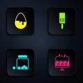 Set Cake on plate, Chocolate egg, Glass jar with candies inside and Ice cream. Black square button. Vector