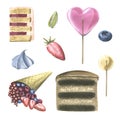 A set of cakes with brownies, waffle cone, meringue, lollipops, strawberries and blueberries. Watercolor illustration Royalty Free Stock Photo