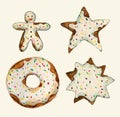 Set of cakes collection. Birthday cake, star, gingerbread cookie, chocolate donut. watercolor aquarelle illustration - isolated