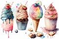 Set of cakes, decorated with sweet desserts, cupcake menu. Colorful watercolor illustration.