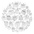 Round set of cakes, fruit, berries and sweets. Vector illustration, black and white sketch Royalty Free Stock Photo