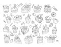 Set of cakes, fruit and berries. Vector illustration, black and white sketch