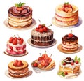 set of cakes and pastries with whipped cream, berries and chocolate. in vintage style, retro. Dessert