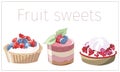 Set of cakes, sweets, baskets with cream and berries. French dessert. Vector icon Royalty Free Stock Photo