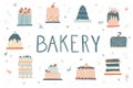 Set of cakes, vector hand-drawn scandinavian illustration. Various types of delicious cakes. Lettering for a bakery.