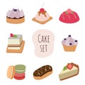 Set of cakes on a white background. Cakes with raspberries, blueberries, eclair, cupcake, cheesecake, macaroon.