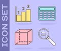 Set Calculation, Graph, schedule, chart, diagram, Geometric figure Cube and Calculator icon. Vector