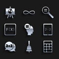 Set Calculation, Ringing bell, Calculator, Tablet with calculator, Equation solution, Function mathematical symbol, and Royalty Free Stock Photo