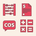 Set Calculator, Abacus, Test or exam sheet and Mathematics function cosine icon. Vector