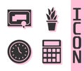 Set Calculator, Certificate template, Clock and Plant in pot icon. Vector Royalty Free Stock Photo