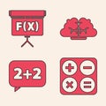 Set Calculator, Chalkboard, Human brain and Equation solution icon. Vector Royalty Free Stock Photo
