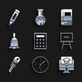 Set Calculator, Clock, Monitor with graduation cap, Chalkboard, Stationery knife, Ringing bell, Book and Marker pen icon