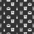 Set Calculator, Envelope, Computer mouse and Coffee machine on seamless pattern. Vector