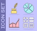 Set Calculator, Feather and inkwell, Graph, schedule, chart, diagram and Graph, schedule, chart, diagram icon. Vector