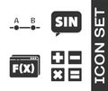 Set Calculator, Graph, schedule, chart, diagram, Function mathematical symbol and Mathematics function sine icon. Vector