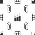 Set Calculator, Graph, schedule, chart, diagram and Paper clip on seamless pattern. Vector