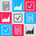 Set Calculator, Graph, schedule, chart, diagram and Square root icon. Vector