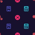 Set Calculator, Graphic tablet, Chemical formula and Timing belt kit on seamless pattern. Vector