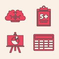 Set Calculator, Human brain, Test or exam sheet and Chalkboard with diagram icon. Vector