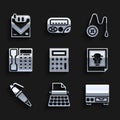 Set Calculator, Retro typewriter, Old video cassette player, Photo, Fountain pen nib, Telephone handset, Yoyo toy and