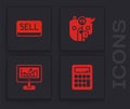 Set Calculator, Sell button, Bull and bear of stock market and Computer with growth graph icon. Vector Royalty Free Stock Photo