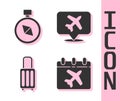 Set Calendar and airplane, Compass, Suitcase and Speech bubble with airplane icon. Vector Royalty Free Stock Photo