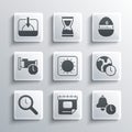 Set Calendar, Alarm clock, World time, Sun, Magnifying glass with, Time to sleep, Sunset and Kitchen timer icon. Vector Royalty Free Stock Photo