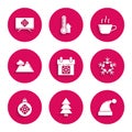 Set Calendar, Christmas tree, Santa Claus hat, Snowflake, ball, Mountains, Coffee cup and Merry on television icon