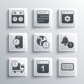 Set Calendar, Digital alarm clock, Alarm, World time, Delivery truck and, app mobile, Time chess and spring icon. Vector Royalty Free Stock Photo