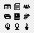 Set Calendar, Document, Users group, Business man planning mind, Map pin and Dollar plant the pot icon. Vector Royalty Free Stock Photo