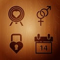 Set Calendar with February 14, Heart in the center of darts target aim, Castle in the shape of a heart and Gender on Royalty Free Stock Photo