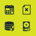 Set Calendar, Hard disk drive HDD sync refresh, Database protection and Delete file document icon. Vector Royalty Free Stock Photo