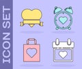 Set Calendar with heart, Heart and ribbon, Shopping bag with heart and Heart in the center alarm clock icon. Vector