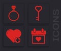 Set Calendar with heart, Wedding rings, Key in heart shape and Heart icon. Vector Royalty Free Stock Photo